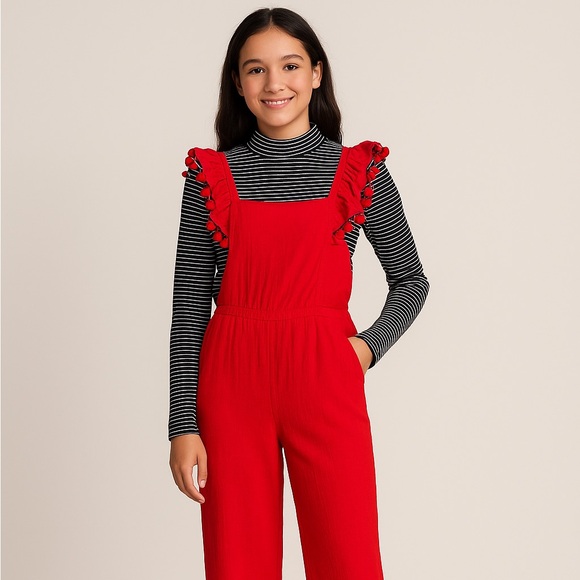 Cat & Jack Other - Cat & Jack Red Pom Pom Ruffle Jumpsuit Set – Size XL (14/16)